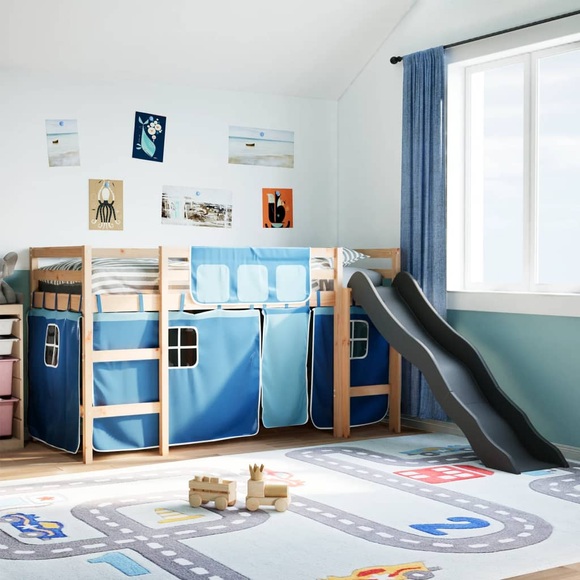 vidaXL Kinderhochbett mit Vorhängen Blau 90x200 cm Massivholz Kiefer