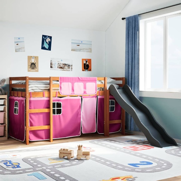 vidaXL Kinderhochbett mit Vorhängen Rosa 90x200 cm Massivholz Kiefer