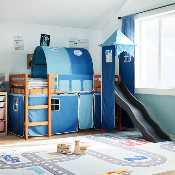 vidaXL Kinderhochbett mit Turm Blau 90x200 cm Massivholz Kiefer
