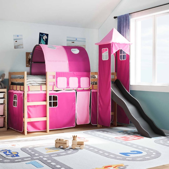 vidaXL Kinderhochbett mit Turm Rosa 90x190 cm Massivholz Kiefer