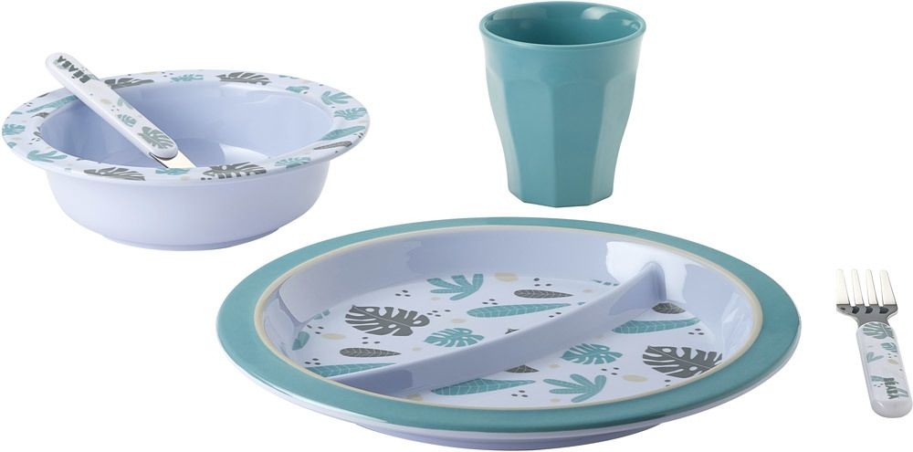 Beaba - Kindergeschirrset Jungle - Weiss und Grau und Hellblau