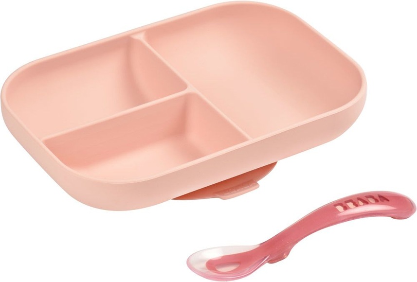 BEABA Geteilter Silikonteller + Löffel 2. Altersstufe rosa - rosa/pink