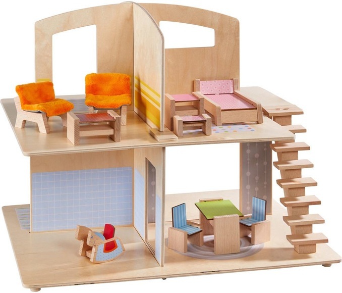 Little Friends Puppenhaus Stadtvilla - 1 Puppenhaus, 1 Treppe, 1 Bettchen, 1 Spieltisch mit Hocker, 1 Schaukelpferd, 1 Esszimmertisch mit 2 Stühlen, 1 Couchtisch mit 2 Sesseln, 2 Fixierplättchen