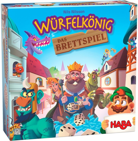 Würfelkönig - Das Brettspiel (Spiel) - 2 Spielplanteile, 30 Burgplättchen, 60 Bürgerkarten, 4 Übersichtskarten, 18 weiße Edelsteine, 6 goldene Edelsteine, 6 Würfel, 15 Drachenfeuer, 64 Spielermarker, 1 Spielanleitung.