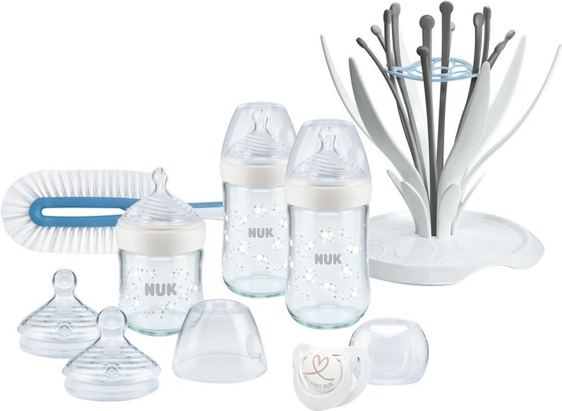 NUK Nature Sense Glasflaschen Set, mit Multi Dry Trockenständer und Genius Nuggi