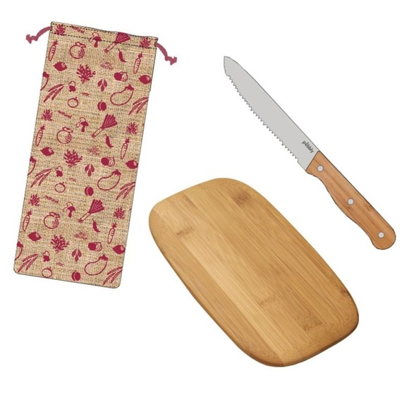 3er Set Pebbly Aperitif, Schneidebrett, Salamimesser, Sack