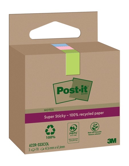 3M Post-it SuperSticky Notes, 47.6mm x 47.6mm, Recycling, assortiert, 622 RSS3COL, (3 x 70 Blatt)