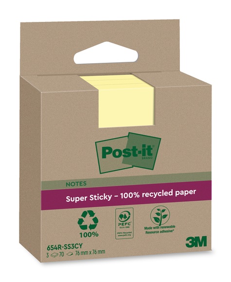 3M Post-it SuperSticky Notes, 76mm x 76mm, Recycling, gelb, 654 RSS3CY, (3 x 70 Blatt)