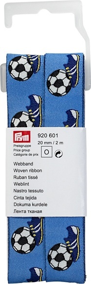 Prym Webband Fussball + Schuhe, blau 20 mm, Coupon 2 m mit Haken