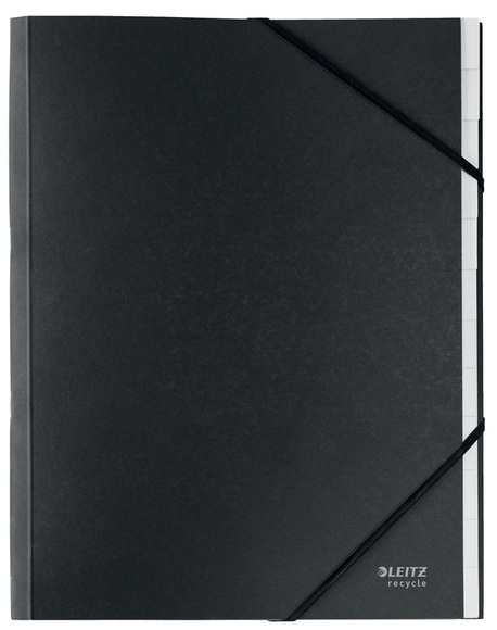 Leitz® Sammelmappe Recycle, A4, 12 Fächer mit Blanko-Taben, Inhaltsverzeichnis, Gummibandverschluss, CO2-neutral, 100 % recycelbar, Karton, schwarz