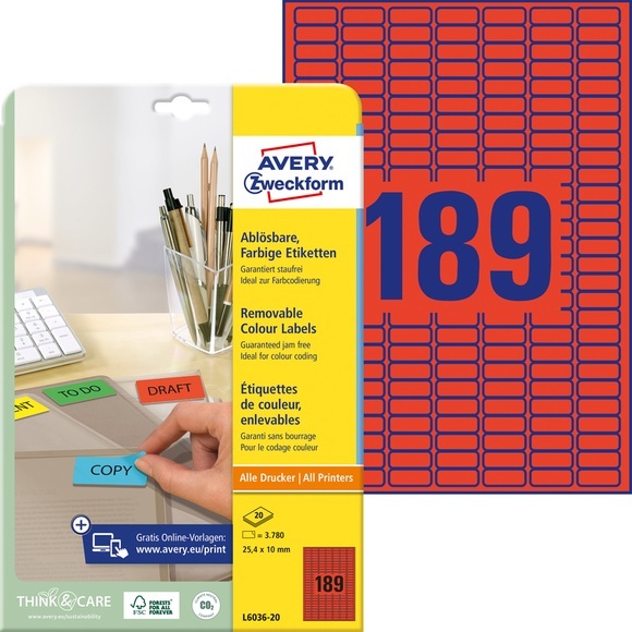 Avery L6036-20 Rot Selbstklebendes Druckeretikett Druckeretikett