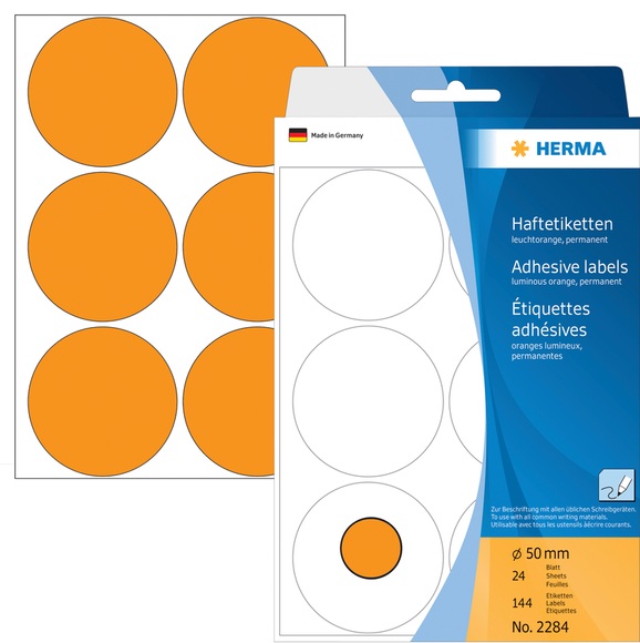 HERMA Vielzwecketiketten/Farbpunkte Ø 50 mm rund leuchtorange Papier matt Handbeschriftung 144 St.