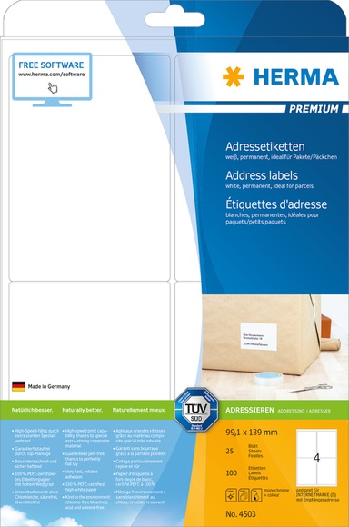 HERMA Adressetiketten Premium A4 weiss 99,1 x 139,0 mm 100St.