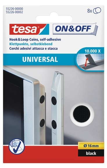 TESA On & Off 55226-00-01 Klettpunkte zum Aufkleben Haft- und Flauschteil (Ø) 16 mm Schwarz 8 Paar