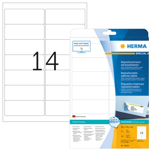 HERMA Adressetiketten A4 weiss 99,1x38,1 mm Papier 350 St.