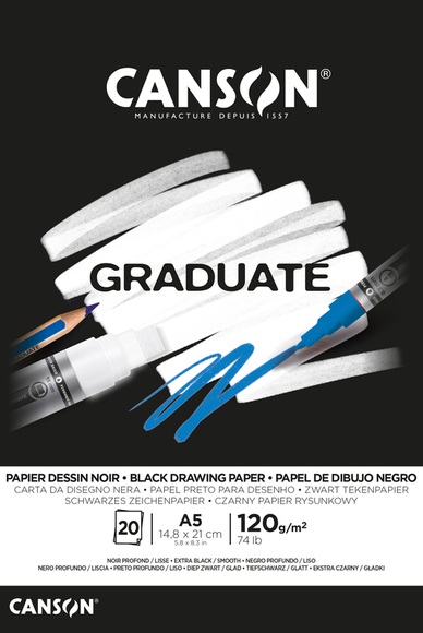 Canson Graduate Zeichenpapier, A5, 20 Blatt, schwarz, 120g, 400110385