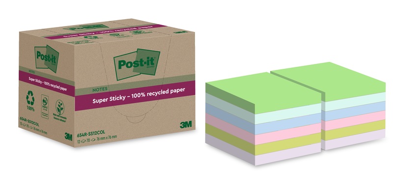 Post-it Super Sticky Recycelte Haftnotizen 76 x 76 mm Farbig sortiert 70 Blatt 12 Blöcke
