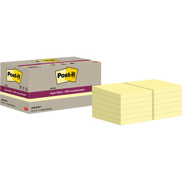 Post-it Super Sticky Recycelte Haftnotizen 47,6 x 47,6 mm Kanariengelb 70 Blatt 12 Blöcke