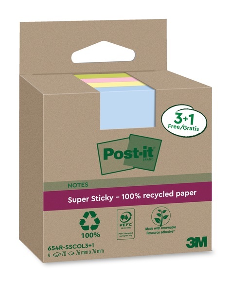 3M Post-it SuperSticky Notes, 76mm x 76mm, Recycling, assortiert, 654 RSSCOL 3+1F, (4 x 70 Blatt)