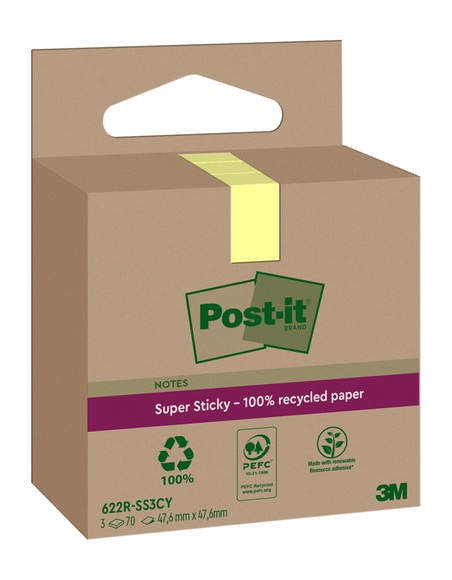 3M Post-it SuperSticky Notes, 47.6mm x 47.6mm, Recycling, gelb, 622 RSS3CY, (3 x 70 Blatt)