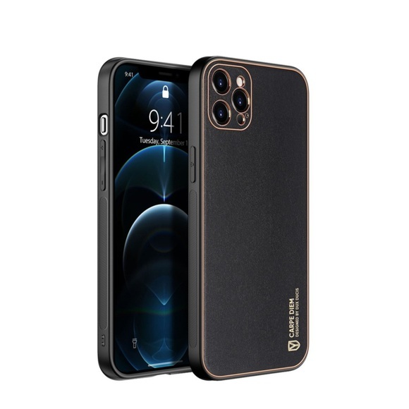Dux Ducis - iPhone 12 Pro Max Galvanisierte Hardcase Hülle mit Lederüberzug - Schwarz