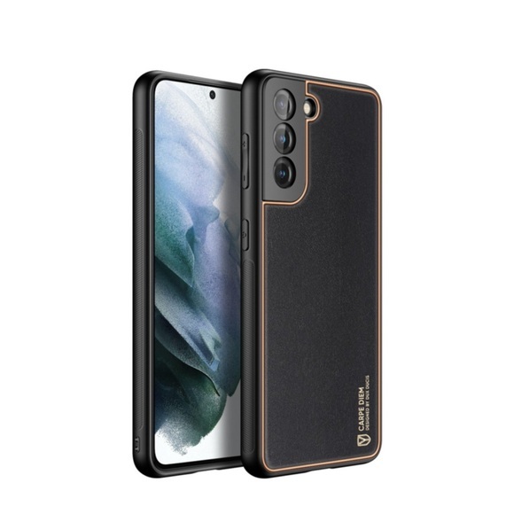 Dux Ducis - Samsung Galaxy S21 FE 5G Galvanisierte Hardcase Hülle mit Lederüberzug - Schwarz