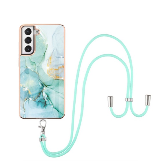 Samsung Galaxy S21 FE 5G Gummi Case Hülle Galvanisierter Rahmen + Necklace Handykette mit Einlage - Türkis / Roségold