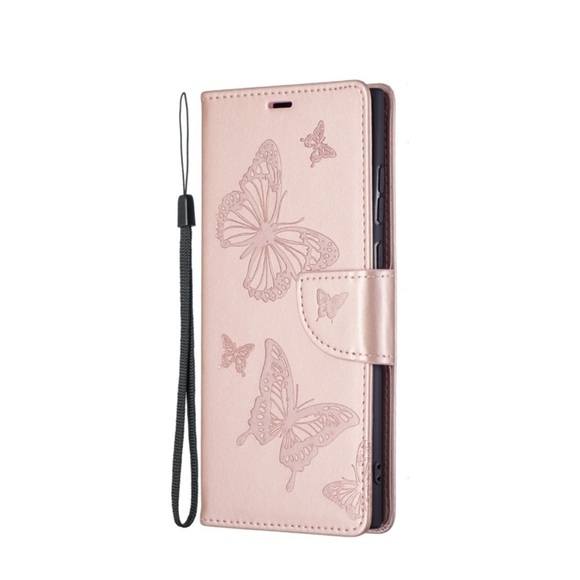 Samsung Galaxy S22 Ultra 5G Leder Tasche mit Kartenfach + Handschlaufe Schmetterling - Roségold
