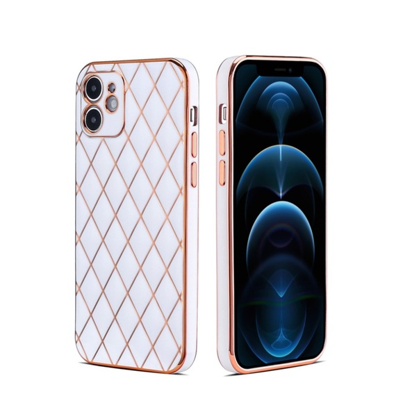 iPhone 12 Gummi Case Hülle Galvanisierter Rahmen mit Rautenmuster - Weiss / Roségold