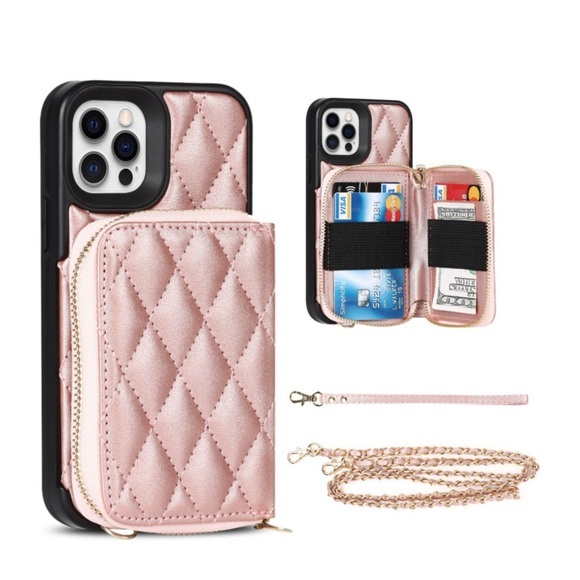 iPhone 12 Pro Max Necklace Leder Hülle mit Magnet Wallet Kreditkarten Münzfach + Handykette (140cm) - Roségold