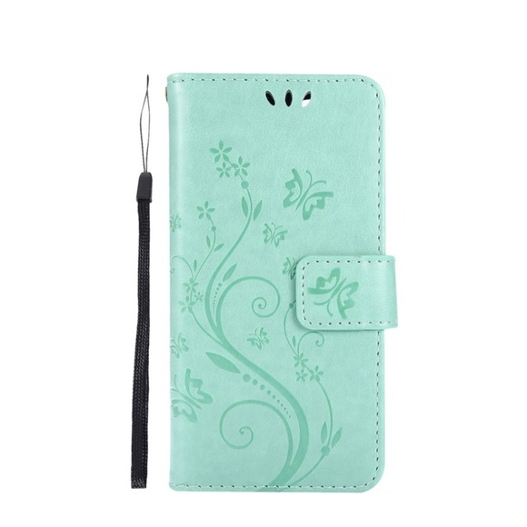 iPhone 12 Pro Max Leder Tasche mit Kartenfach + Handschlaufe Butterfly Flowers - Türkis