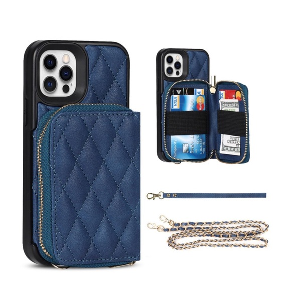 iPhone 12 / 12 Pro Necklace Leder Hülle mit Magnet Wallet Kreditkarten Münzfach + Handykette (140cm) - Blau