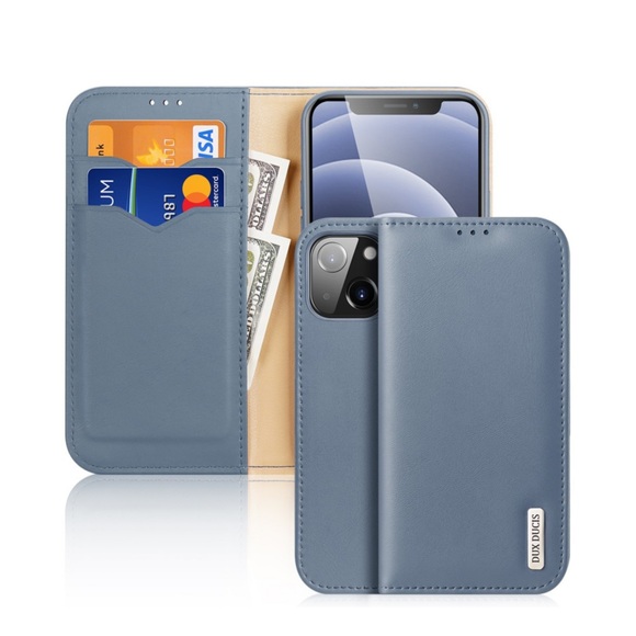 Dux Ducis - iPhone 13 Flip Wallet Cover Echtleder Tasche (RFID Schutz) - Blau