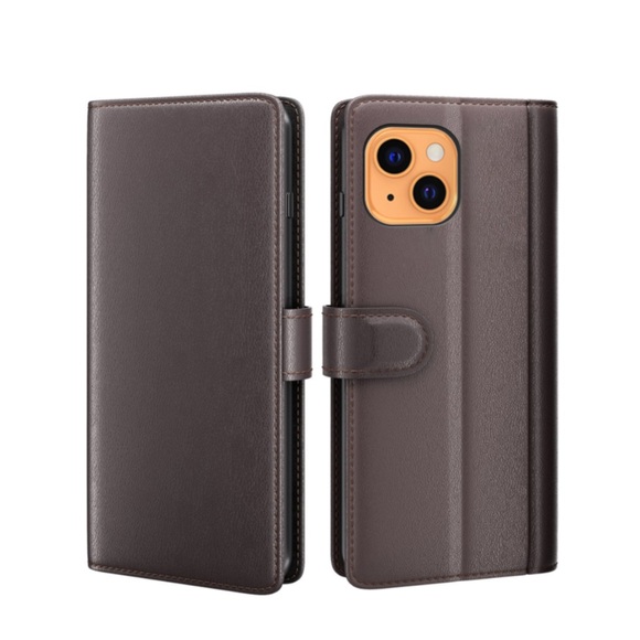 iPhone 13 Echtleder Tasche Flip Cover mit Kartenfächer - Dunkelbraun