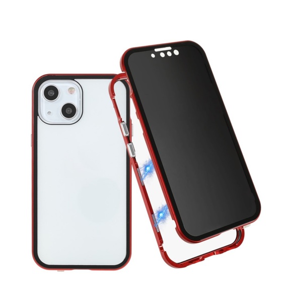 iPhone 13 Magnetische Alu Schutzhülle mit Panzer Glas Backcover + Privacy Displayschutz (Magnet-Technologie) - Rot