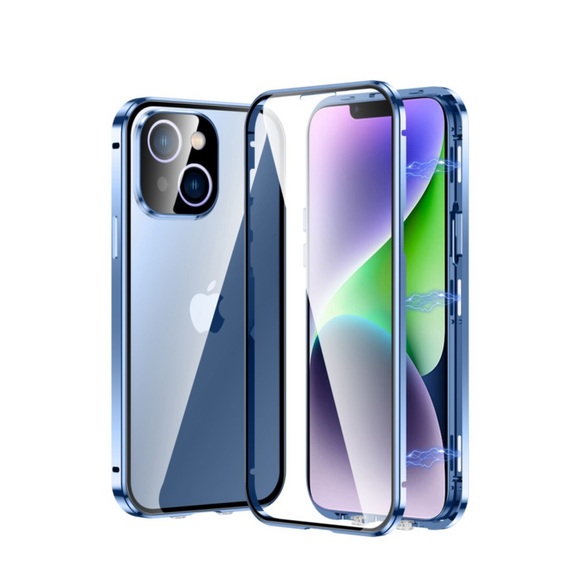 iPhone 14 Magnetische Alu Schutzhülle mit Panzer Glas Backcover + Display- / Kameraschutz (Magnet-Technologie) - Blau