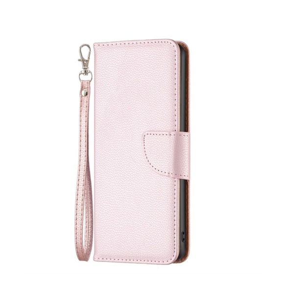 iPhone 14 Plus Leder Tasche Flip Cover im Litchi Look mit Kartenfach + Handschlaufe - Roségold