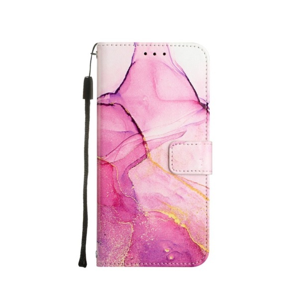 iPhone 14 Plus Leder Tasche mit Kartenfach + Handschlaufe Marble Marmor - Pink / Rosa