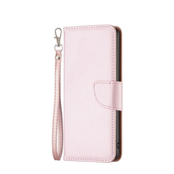iPhone 14 Pro Leder Tasche Flip Cover im Litchi Look mit Kartenfach + Handschlaufe - Roségold