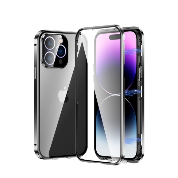 iPhone 14 Pro Max Magnetische Alu Schutzhülle mit Panzer Glas Backcover + Display- / Kameraschutz (Magnet-Technologie) - Schwarz