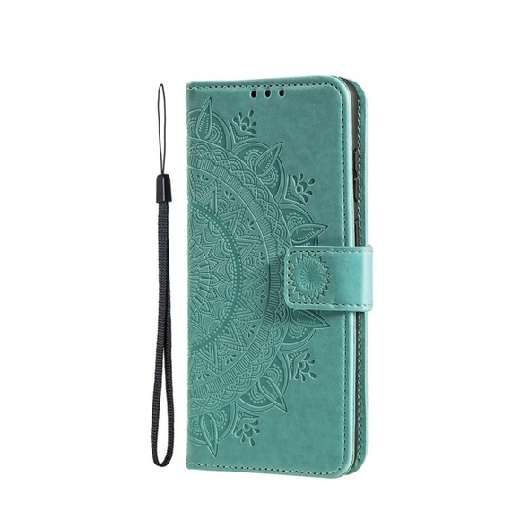 iPhone 14 Pro Max Leder Tasche Wallet - Mandala Flowers Imprint - Türkis
