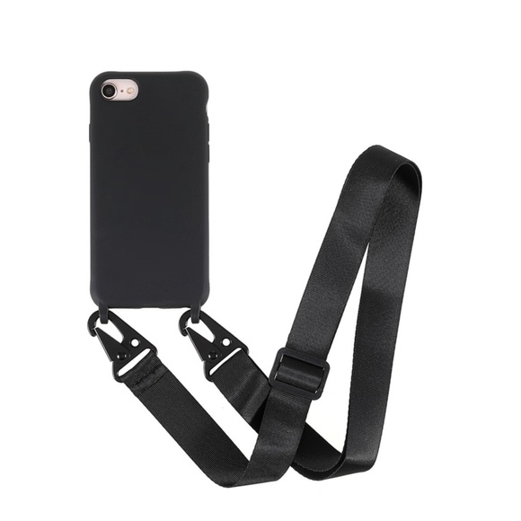 iPhone SE (2022/2020) / 8 / 7 / 6S Necklace Gummi Case Hülle + Handykette Nylon Strap (160cm) - Schwarz