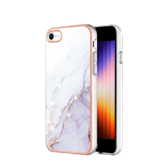 iPhone SE (2022/2020) / 8 / 7 / 6S Gummi Case Hülle Galvanisierter Rahmen Marble Marmor Design - Lila / Roségold