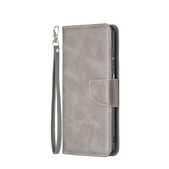 Samsung Galaxy A13 Leder Tasche Flip Cover mit Kartenfach + Handschlaufe - Grau