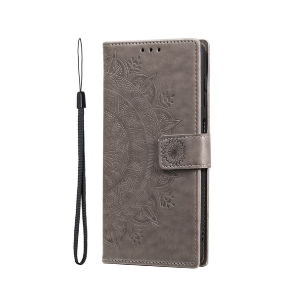 Samsung Galaxy S22 Ultra 5G Leder Tasche Wallet - Mandala Flowers - Grau