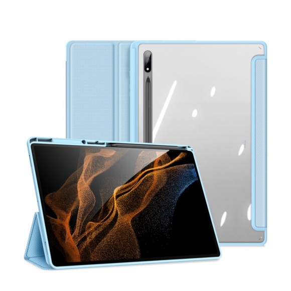Dux Ducis - Samsung Galaxy Tab S8 Ultra Leder Tasche Smart Cover Schutzhülle + Apple Pencil Halter - Hellblau