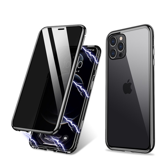 iPhone 13 Pro Max Magnetische Alu Schutzhülle mit Panzer Glas Backcover + Privacy Glas Displayschutz (Magnet-Technologie) - Schwarz