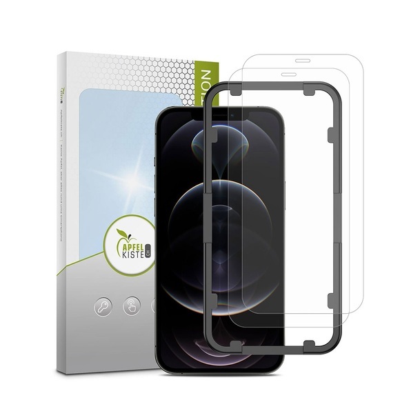 (2er Set) Apfelkiste - iPhone 12 / iPhone 12 Pro Panzer Glas Display Schutzfolie + Montagerahmen Case Friendly 0.3mm