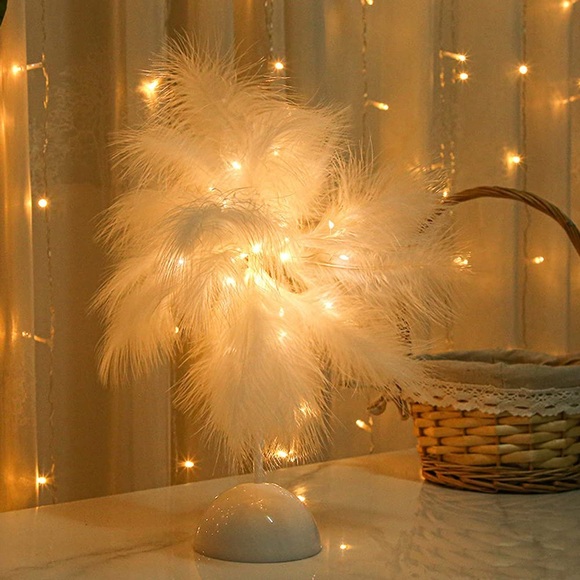 (35cm) LED Deko Licht Party Steh Lampe zum Aufstellen Feder Baum Design (Batteriebetrieben) - Weiss