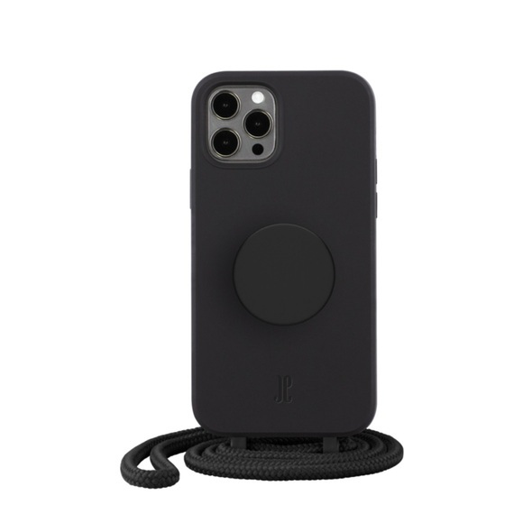 PopSockets - (by Just Elegance) iPhone 12 / iPhone 12 Pro PopGrip 3in1 Necklace Gummi Hülle + Handykette (150cm) + PopSockets (30028) - Schwarz